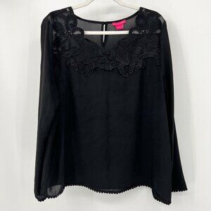Sunny Leigh Blouse XL Black Floral‎ Embroidered Semi Sheer Boho Top Extra Large